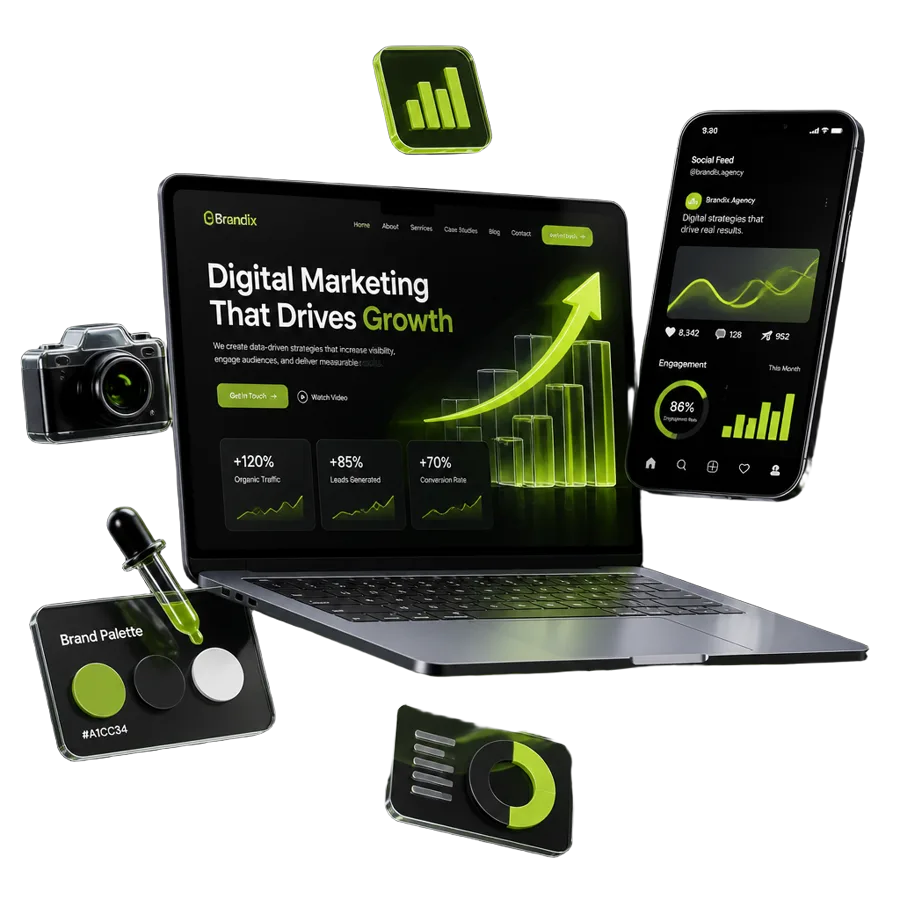 FlyUp Studio digital marketing services — website design, analytics, branding and social media shown as a 3D illustration